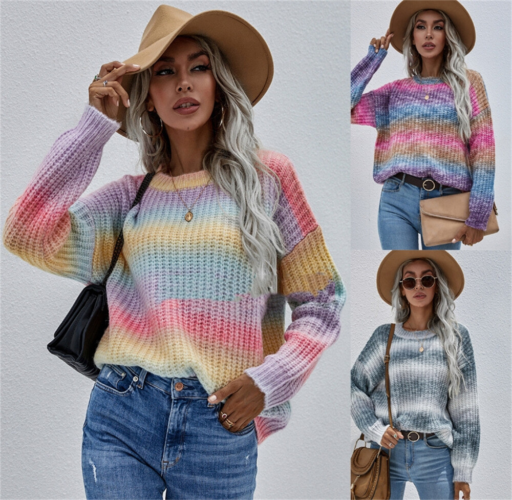 Women Autumn Crew Neck Long Sleeve Knit Pullover Sweater Loose Casual Winter Top