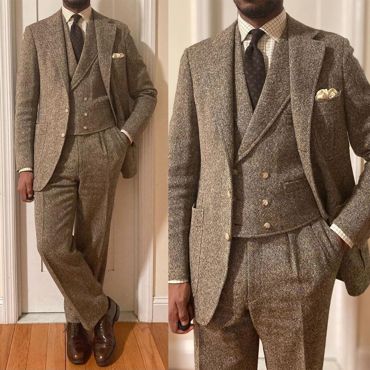 Vintage Tweed Men Suits Herringbone Regular Fit Single Breasted Notch Lapel