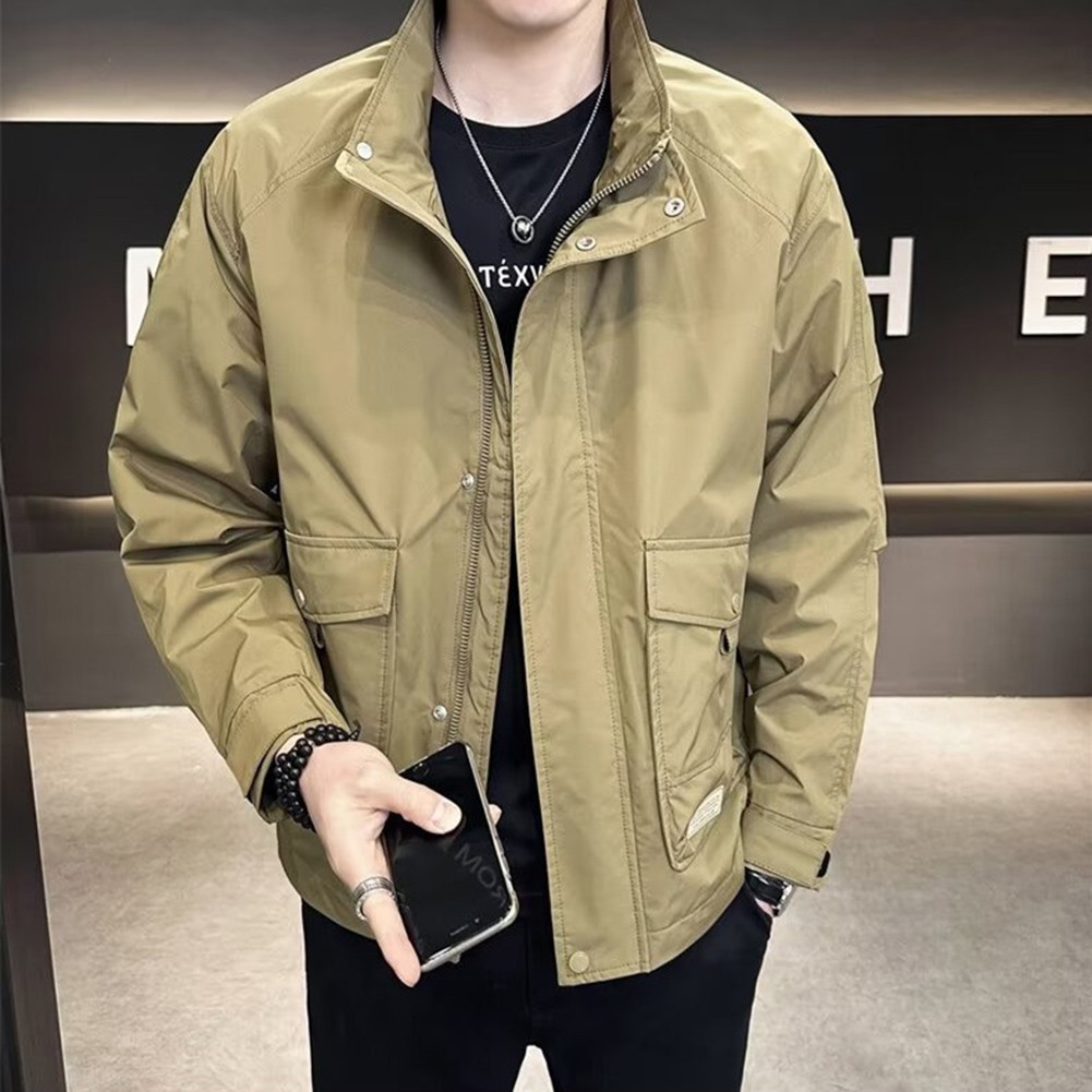 Men Casual Stand Collar Solid Jacket Outerwear Coat with Pockets for Daily Use