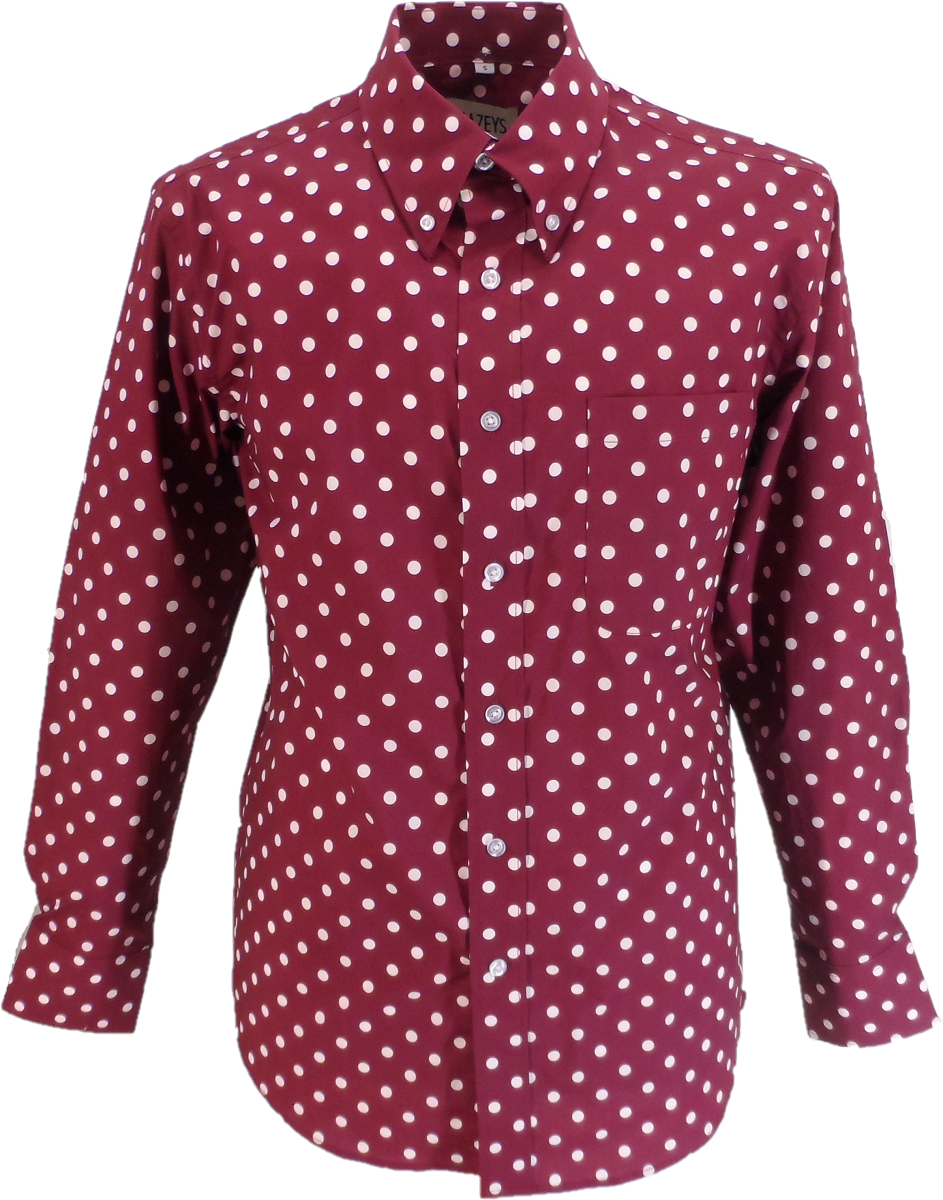 Mazeys Mens Burgundy and White Retro Mod Polka Dot 100% Cotton Shirts